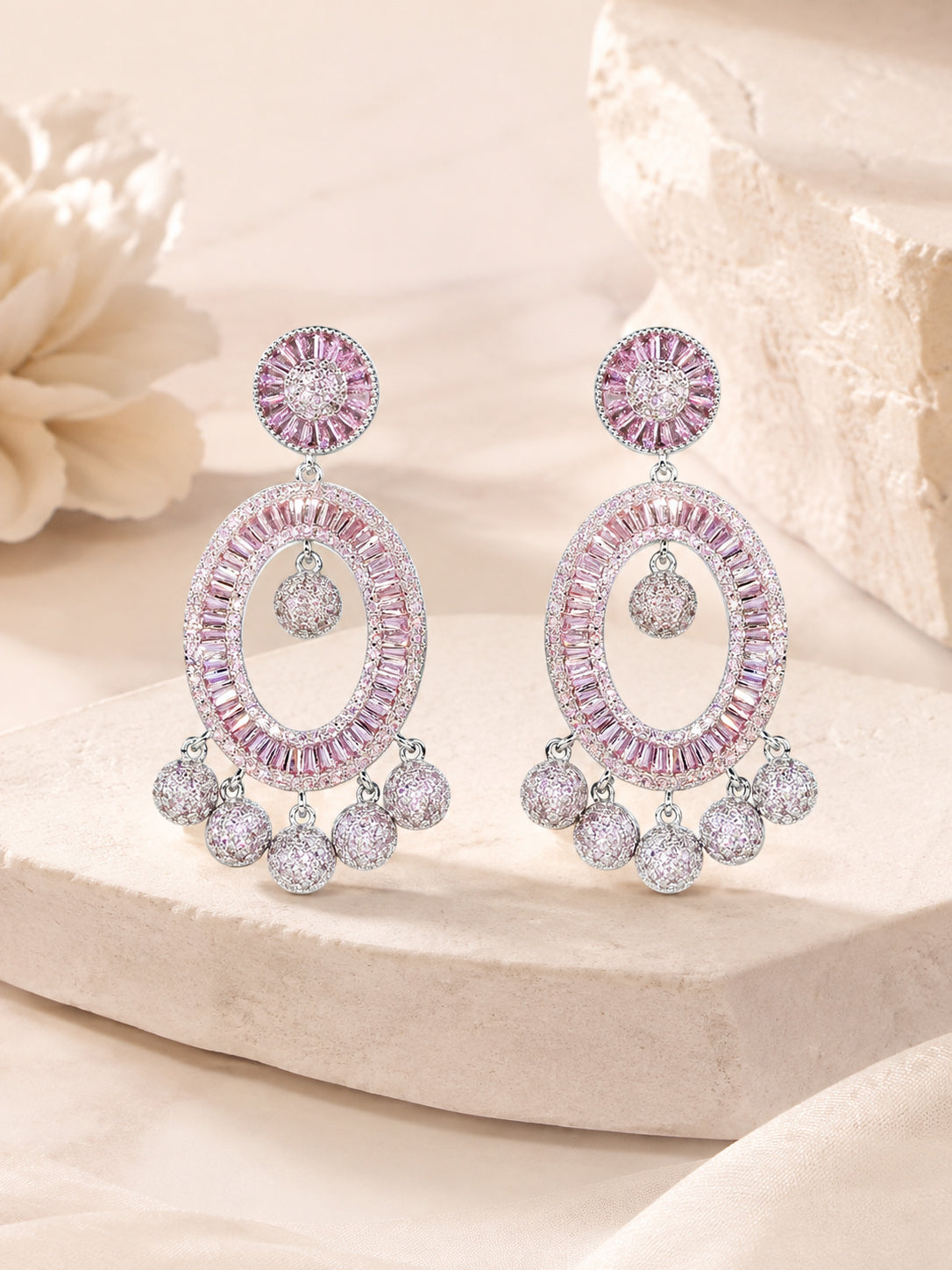 Aanura Pink Baguette Oval CZ Cluster Drop Earrings