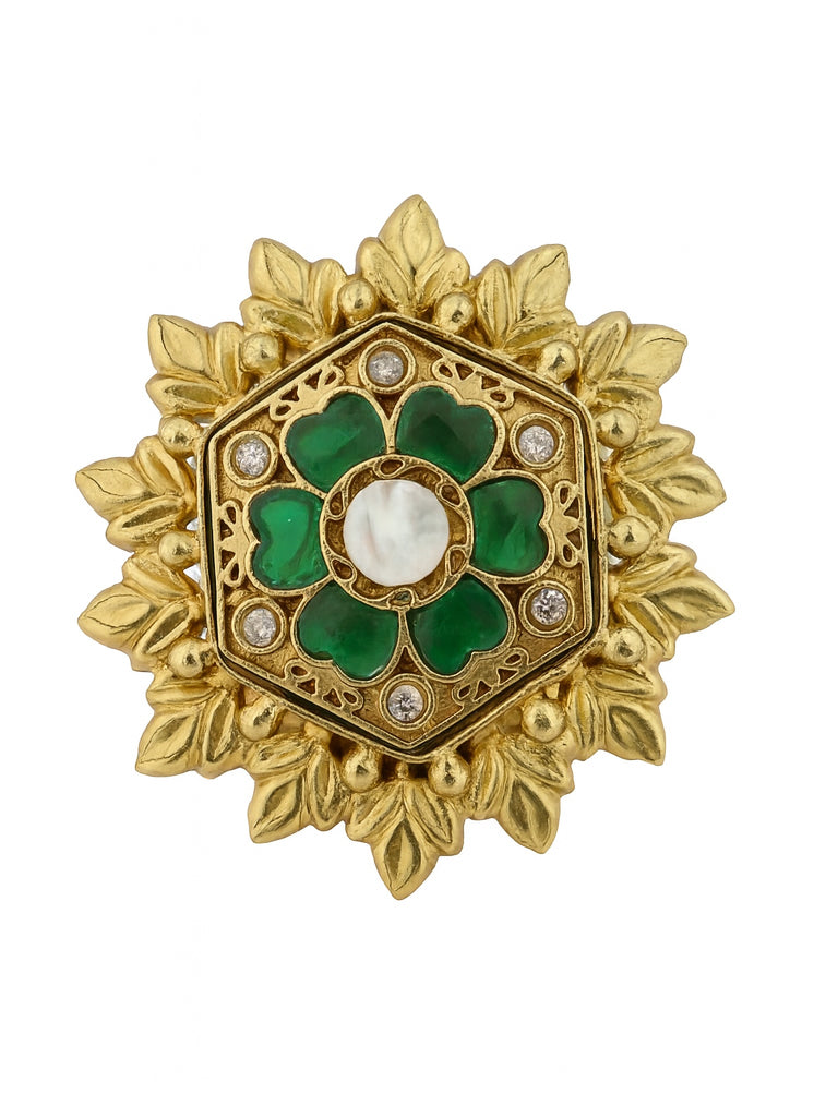 Aanura Gold-Plated Hexagon Green Floral Ring