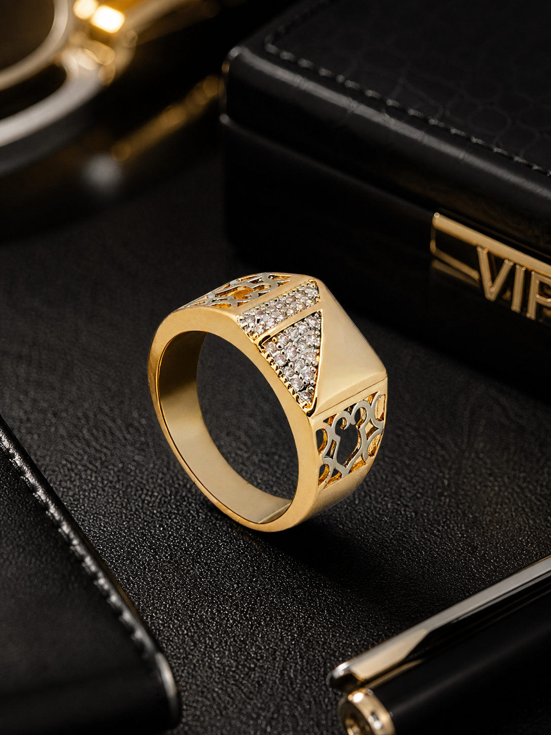 Aanura Gold-Plated Crystal Panel Ring For Men's