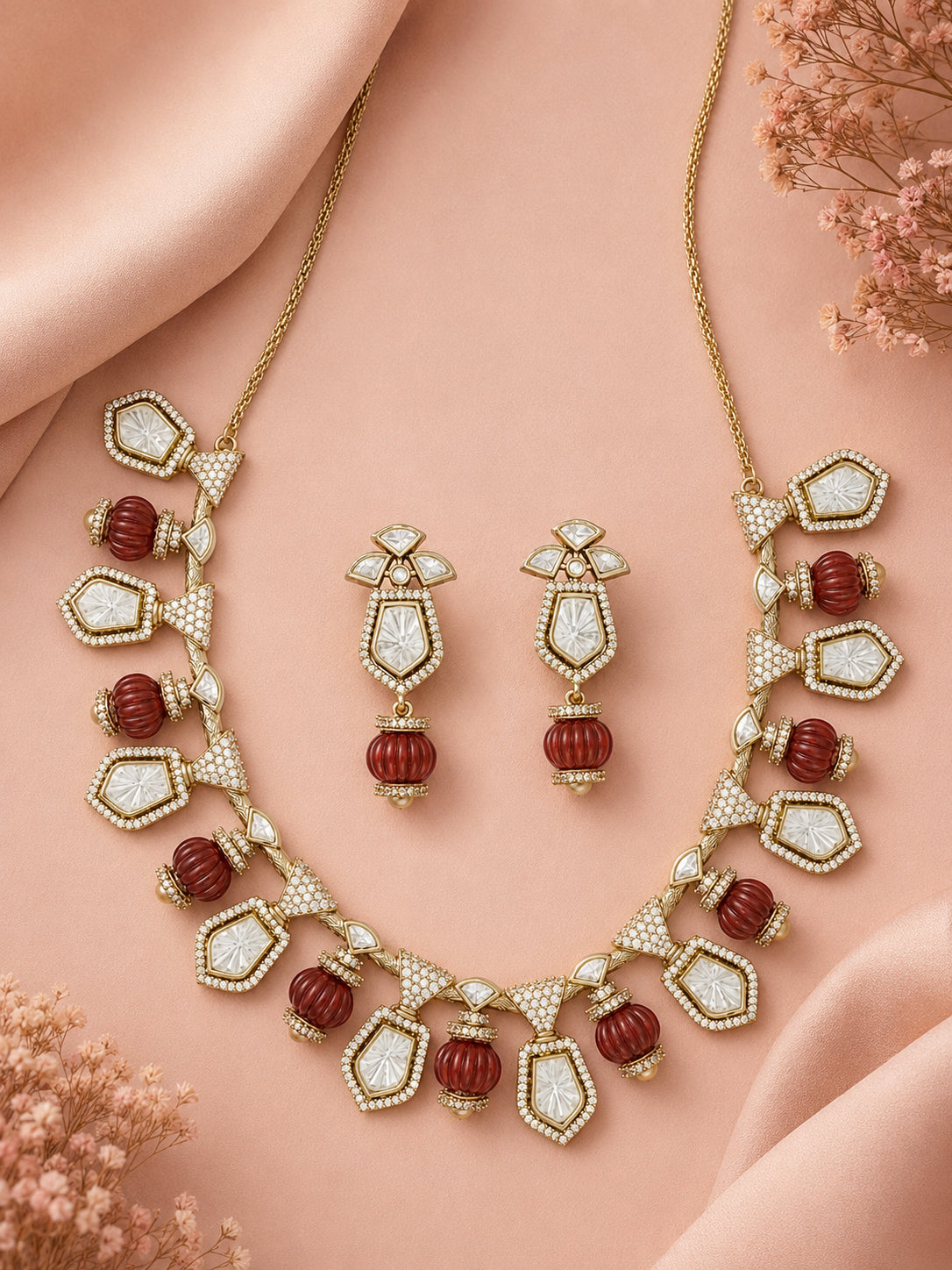 Aanura Gold-Plated Navratna Necklace & Earrings