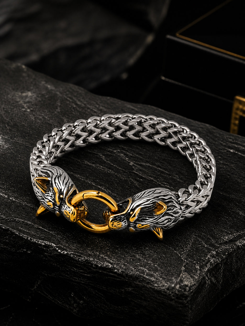 Aanura Dual-Tone Wolf Head Bracelet For Men's
