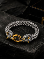 Rhodium-Plated Waterproof Dual-Tone Wolf Head Stainless Steel Bracelet for Men