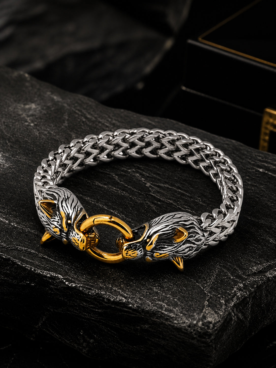 Aanura Dual-Tone Wolf Head Bracelet For Men's