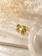 18K Gold-Plated Blossom Bow Ring with Pearl – Anti-Tarnish & Waterproof