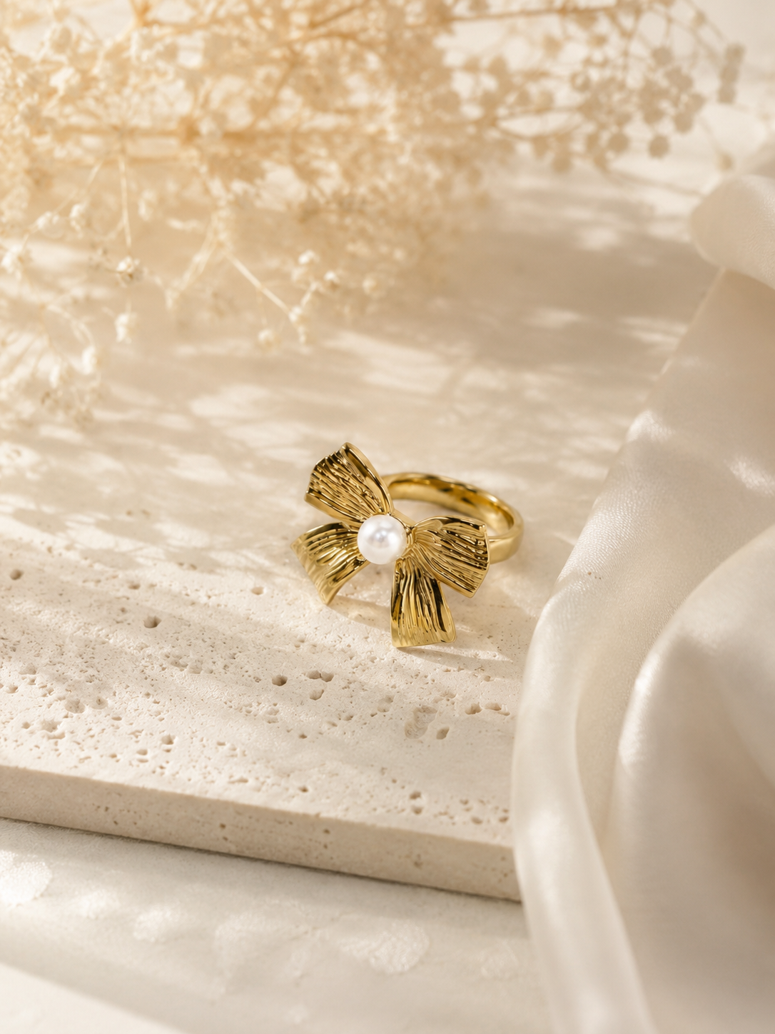18K Gold-Plated Blossom Bow Ring with Pearl – Anti-Tarnish & Waterproof