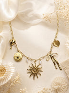 Aanura Gold Charm Necklace with Sun & Heart Pendants