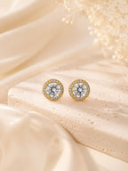 Round Halo CZ Stud Earrings in 18K Gold Plating