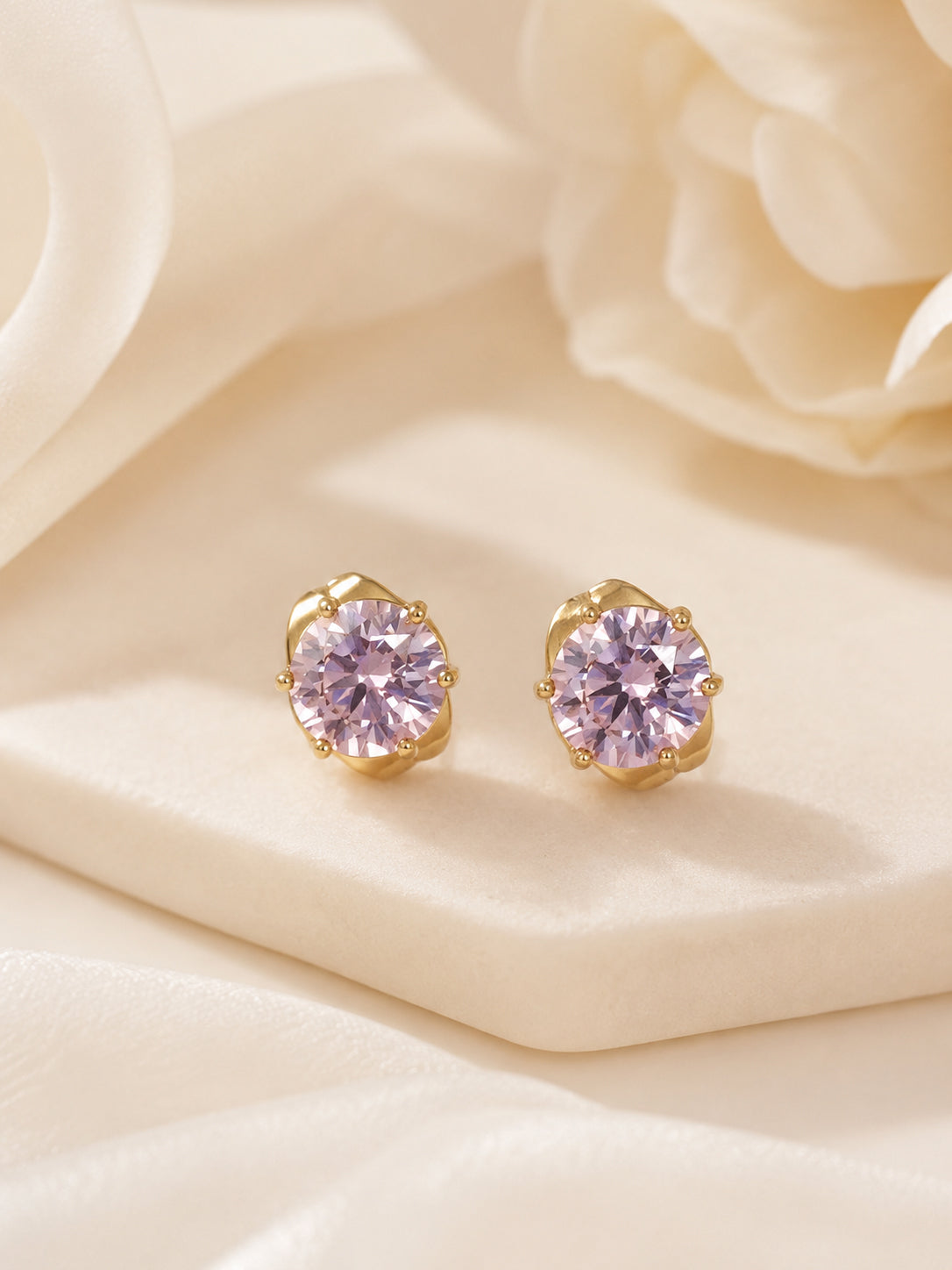 18K Gold Plated Anti-Tarnish Pink Solitaire Stud Earrings