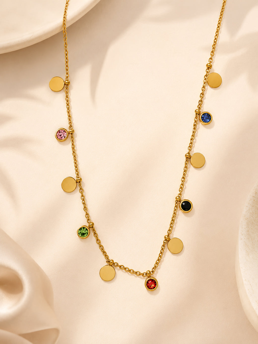 Multi-Stone Coin Charm Necklace in 18K Gold Plating