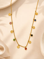 Multi-Stone Coin Charm Necklace in 18K Gold Plating