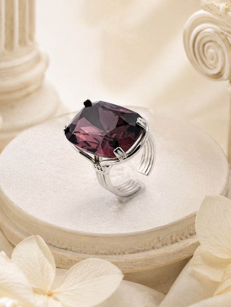 Rhodium Plated Purple Crystal Statement Ring
