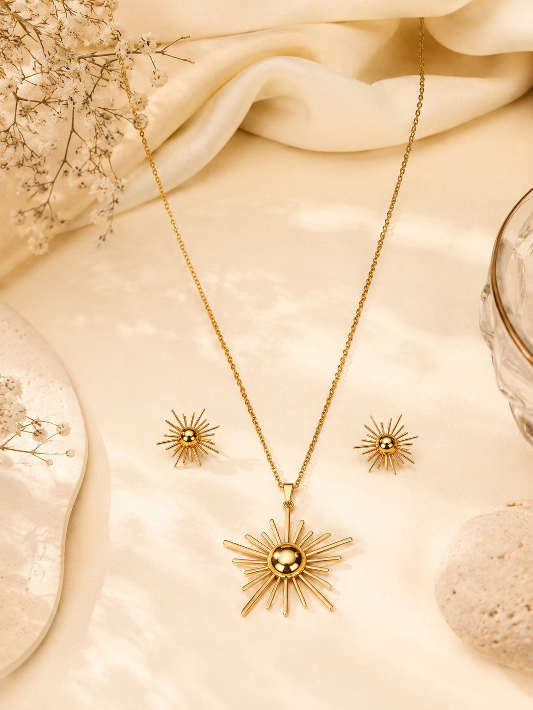 Aanura Golden Sunburst Necklace & Earrings Set