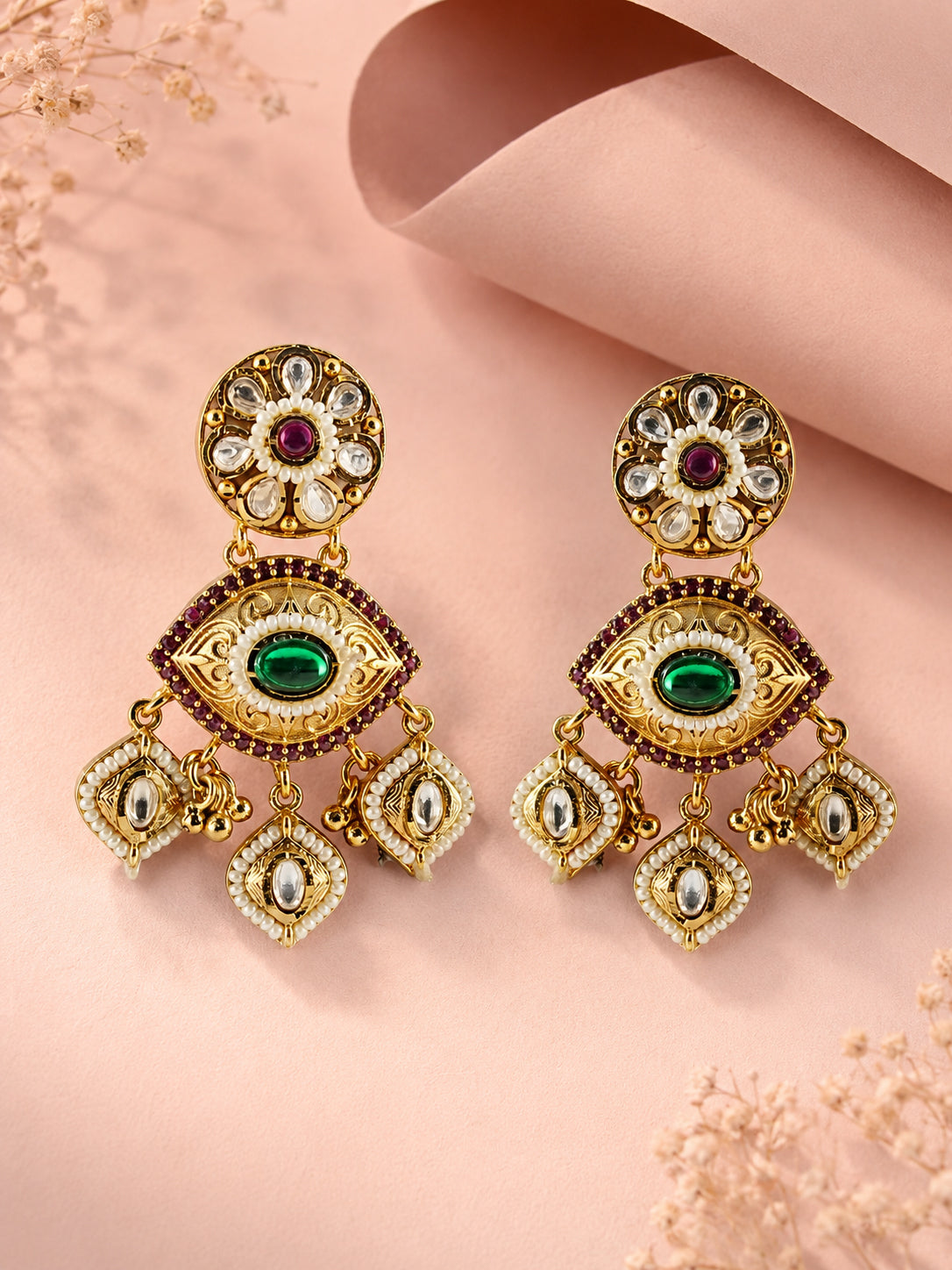 Aanura Gold-Plated Green Ruby Floral Drop Earrings