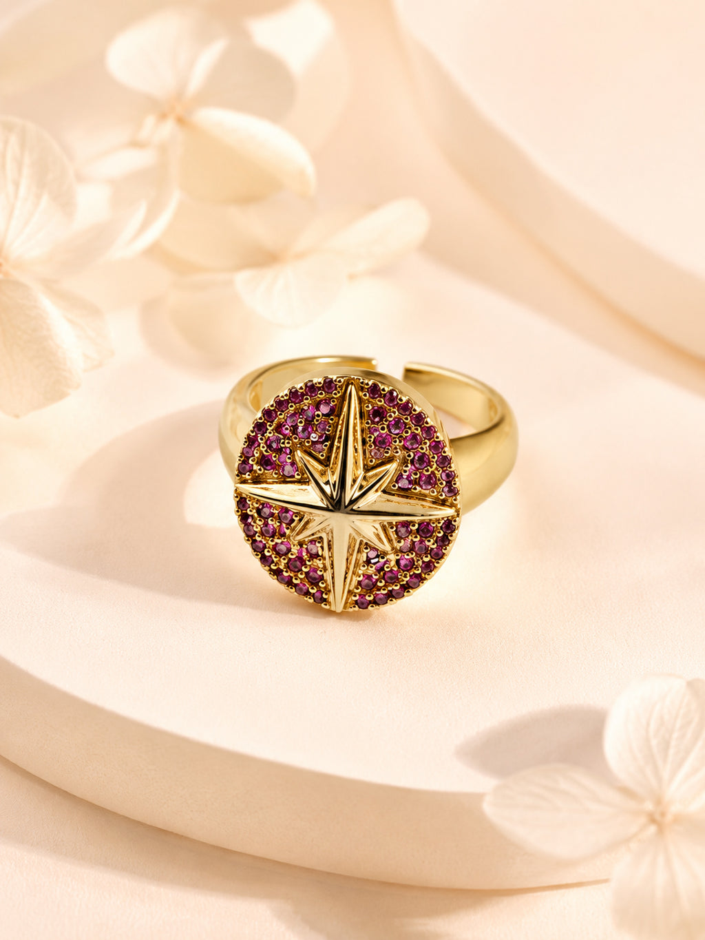 18K Gold Plated Pink Crystal Celestial Compass Ring
