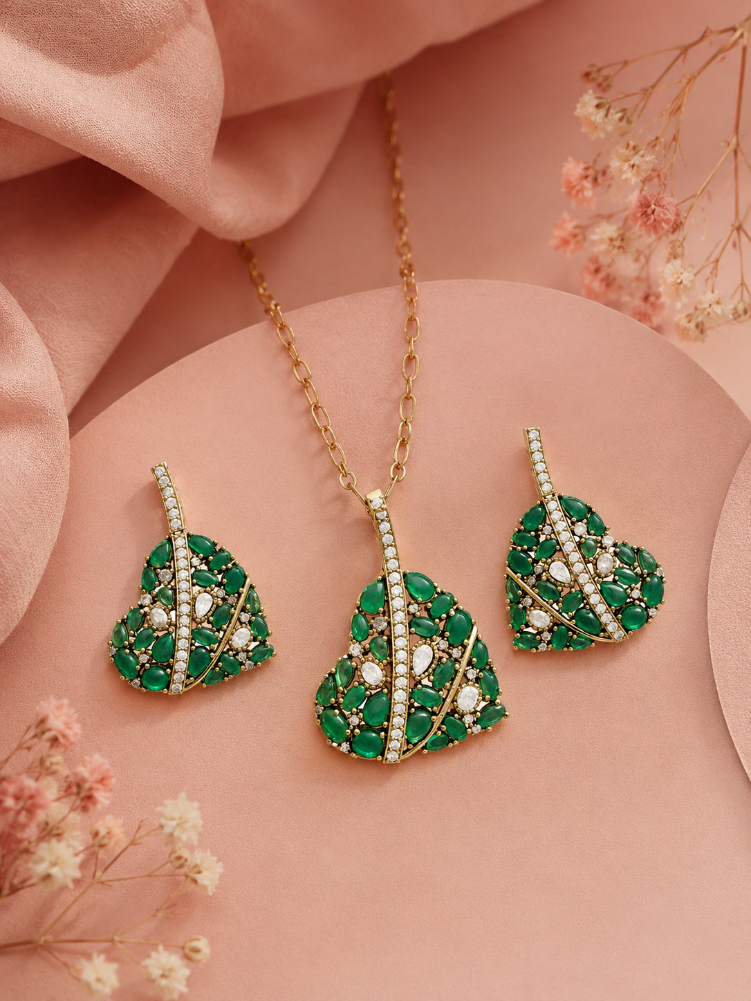 Aanura Green Leaf Pendant Necklace & Earrings