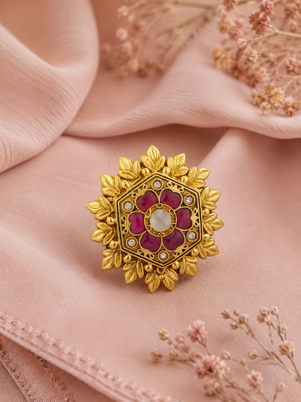 Aanura Gold-Plated Hexagon Green Floral Ring