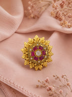 Aanura Gold-Plated Hexagon Green Floral Ring