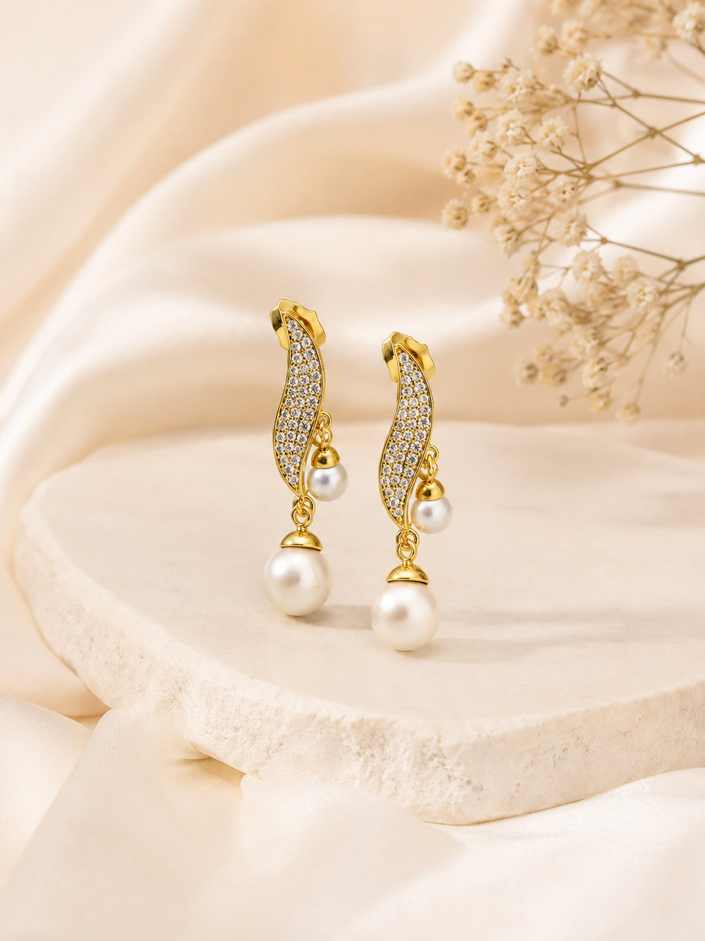 Curved Pearl Dangle Earrings with CZ Detail in 18K Gold Plating