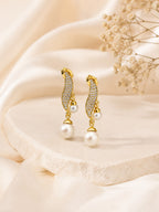 Curved Pearl Dangle Earrings with CZ Detail in 18K Gold Plating