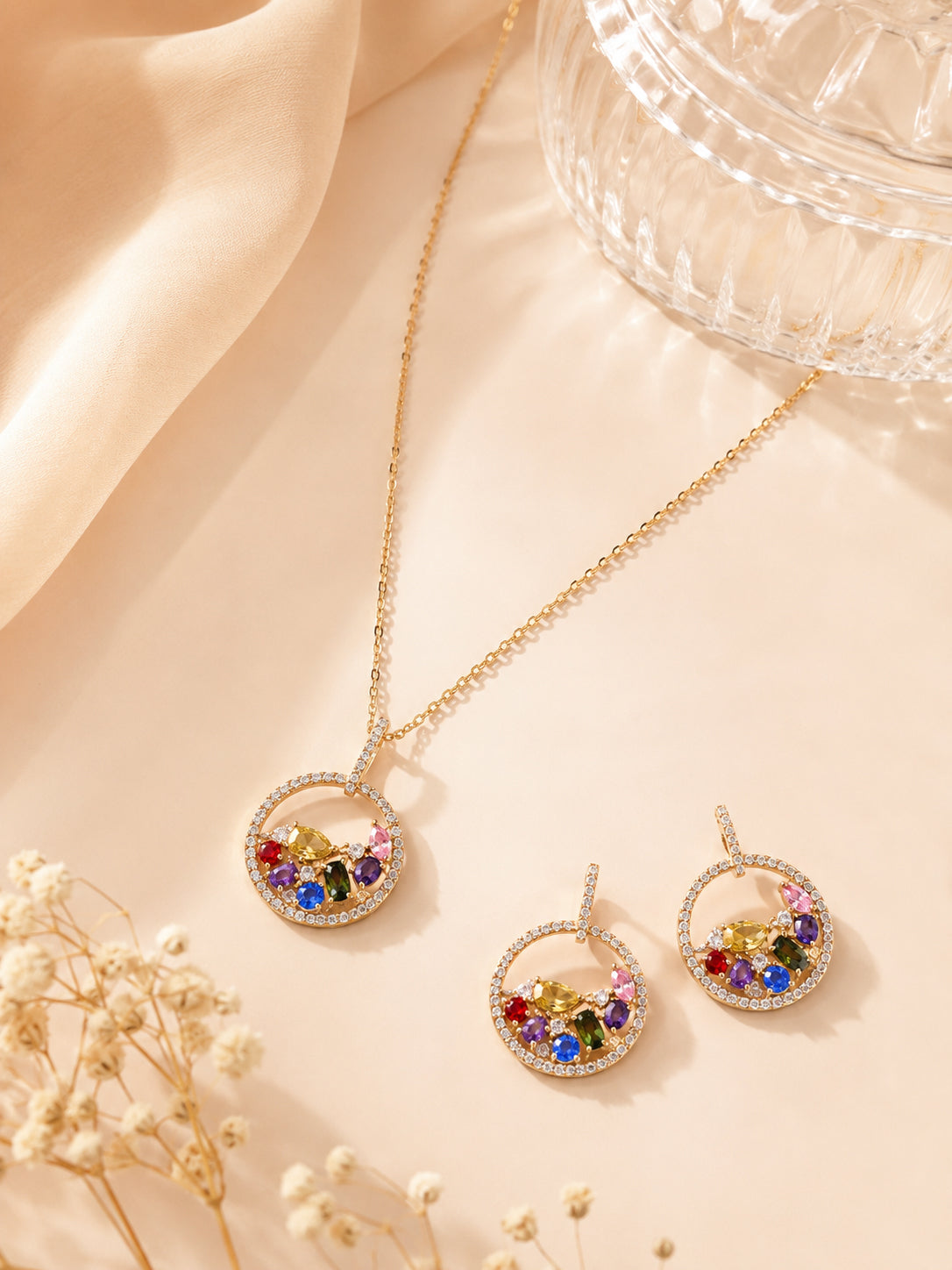 Aanura Multicolor Crystal Circle Necklace & Earrings