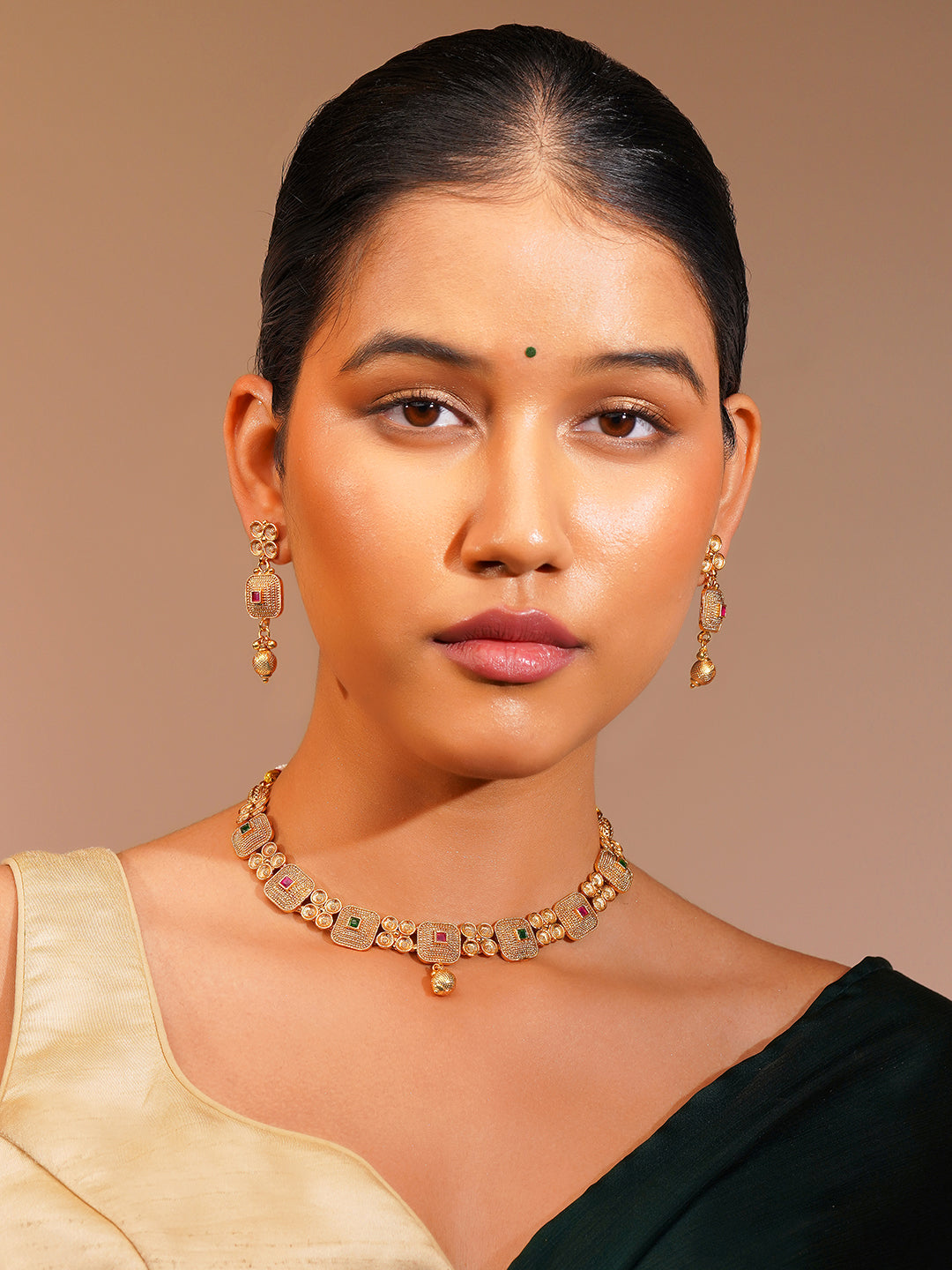 Aanura Gold Plated Ruby Grid Necklace Set