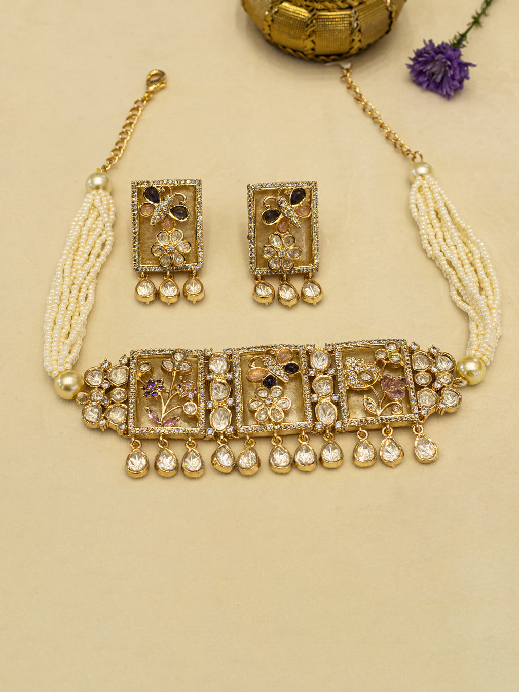 Aanura Floral Panel Choker Necklace Set