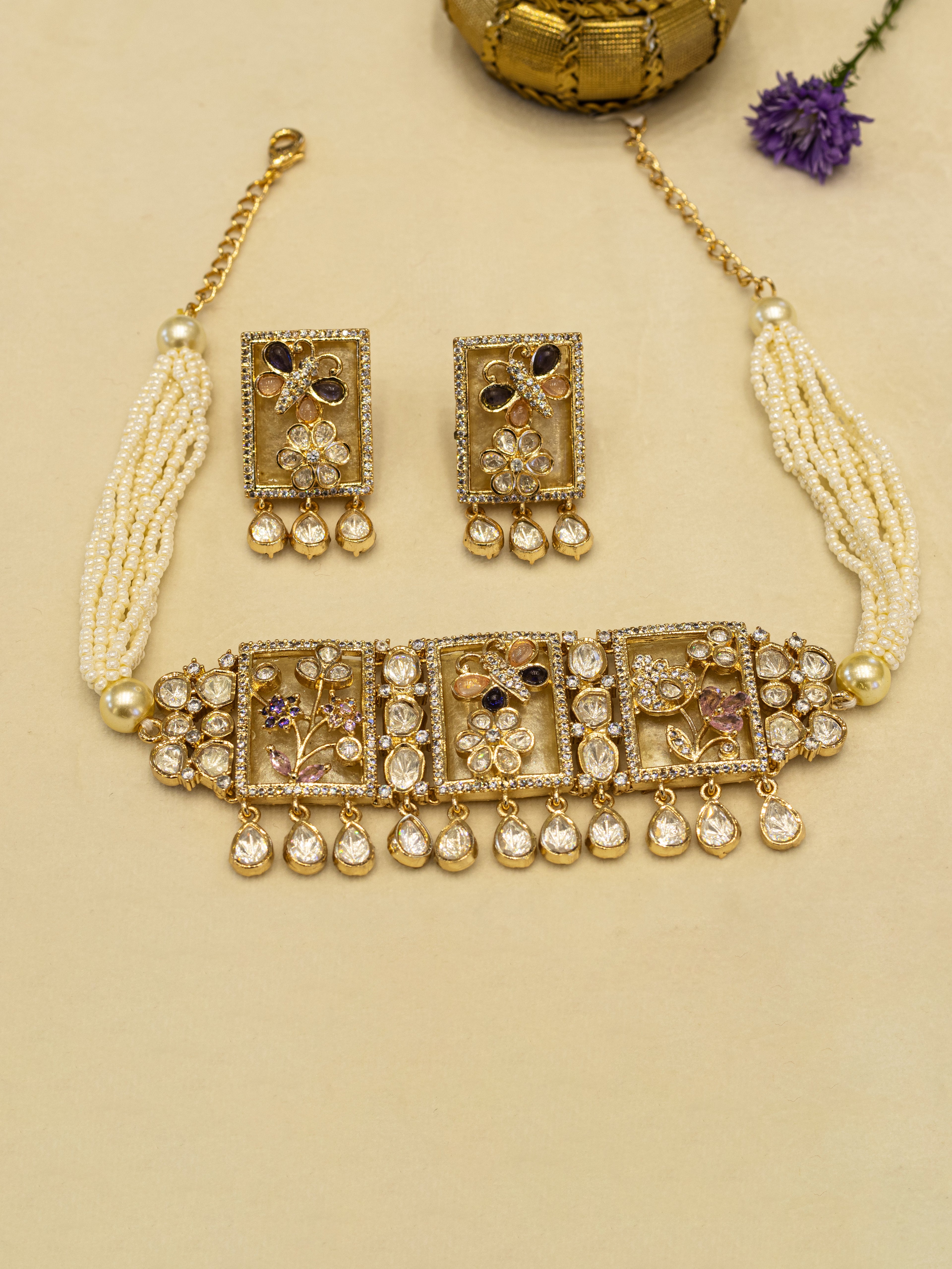 Aanura Floral Panel Choker Necklace Set
