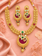 Aanura Temple Style Gold Necklace Set with Earrings