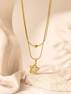 Half-Crystal Star Layered Necklace with 18K Gold Plating
