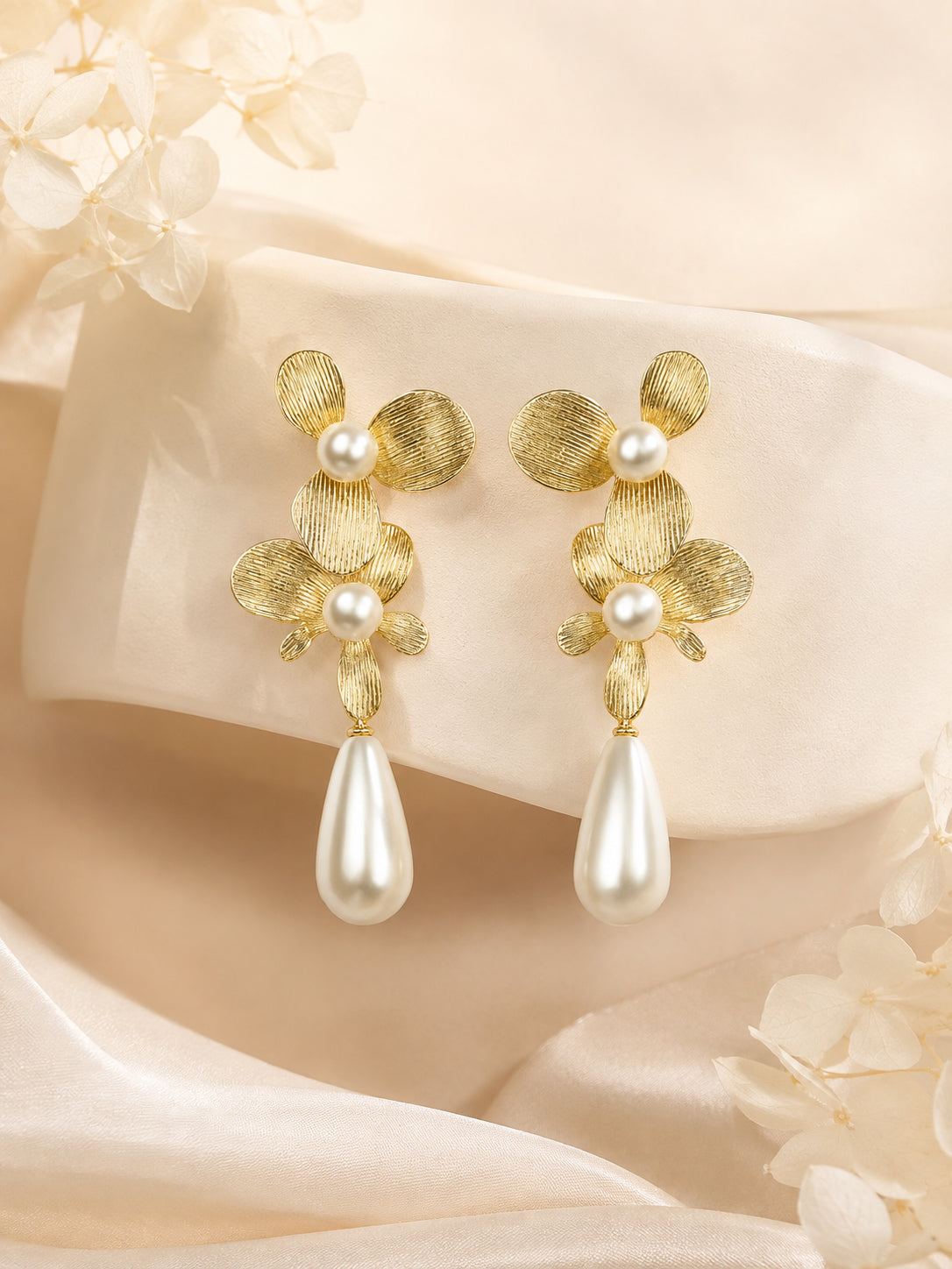 Aanura Floral Pearl Drop Gold Statement Earrings
