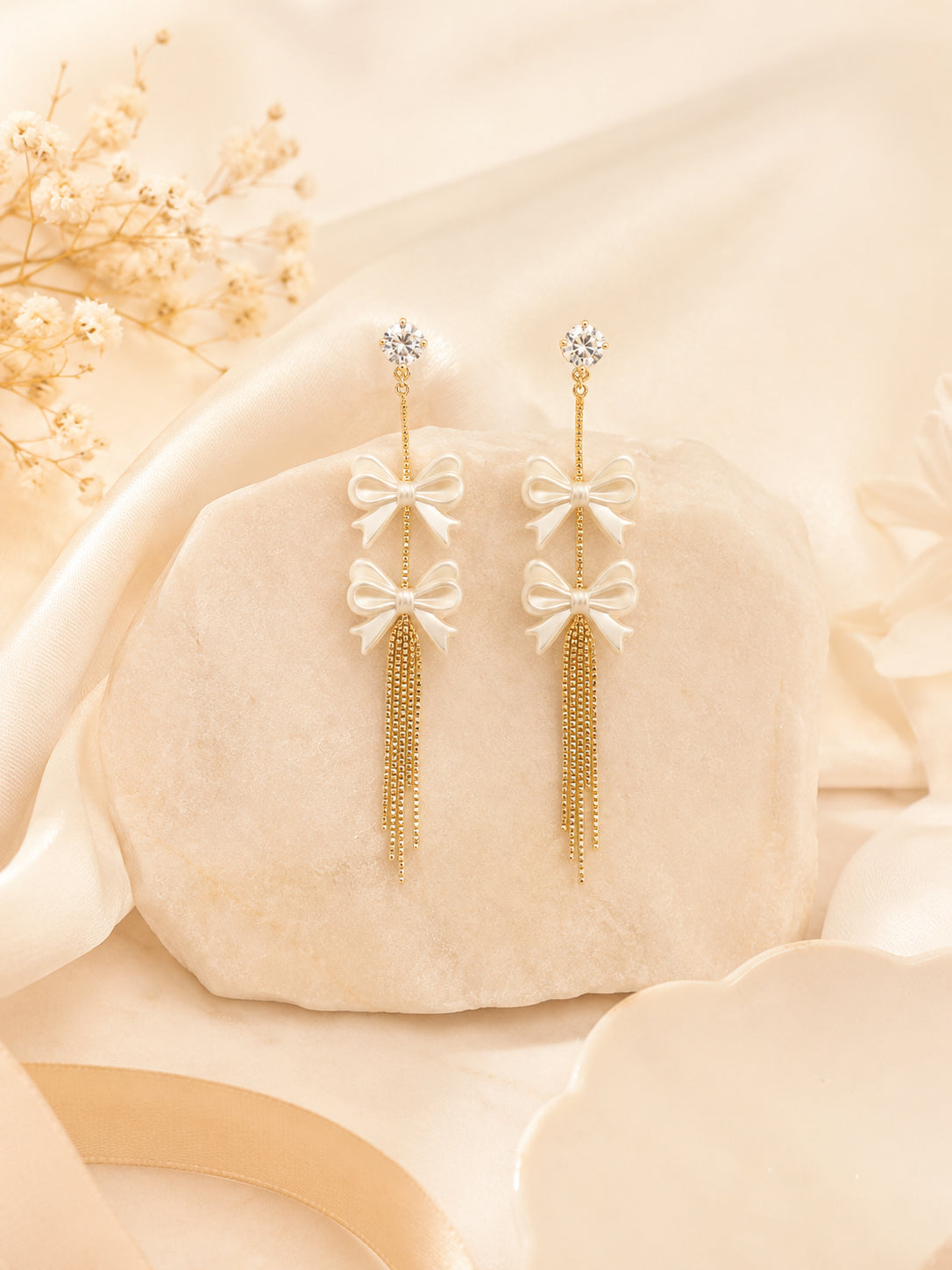 Aanura Pearl Bow Tassel Gold Drop Earrings