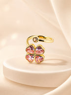 18K Gold Plated Water-Resistant Pink Heart Clover Ring