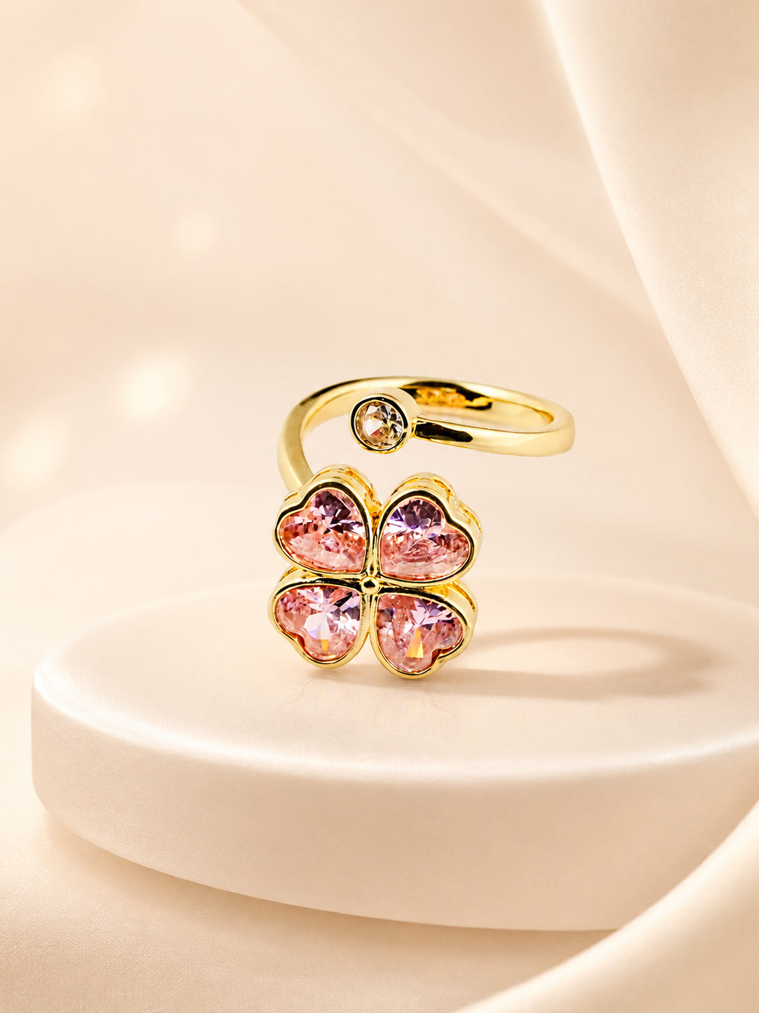 18K Gold Plated Water-Resistant Pink Heart Clover Ring