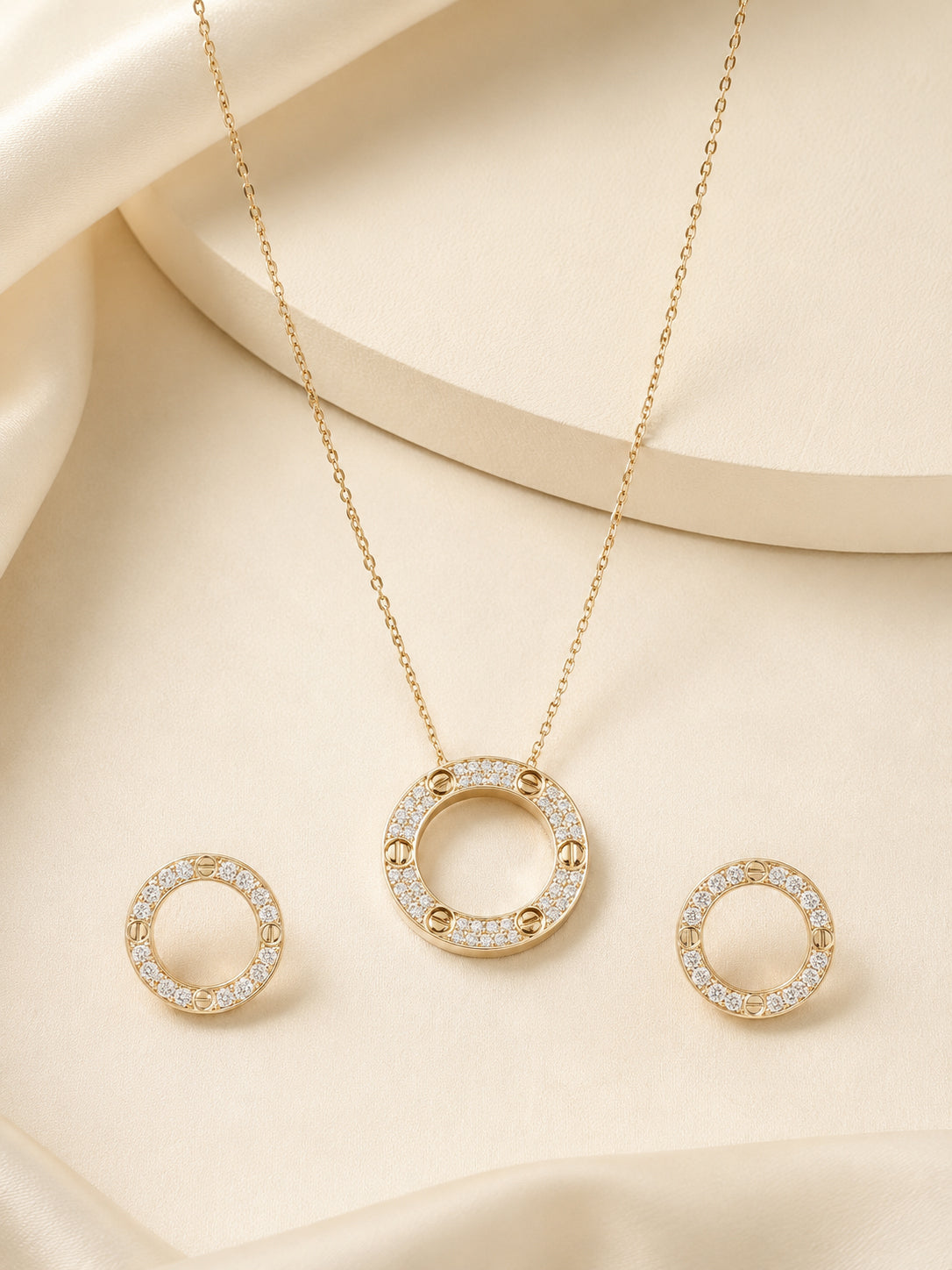 Golden Crystal Circle Necklace & Earrings Set