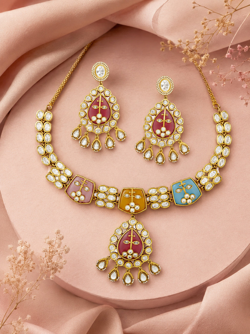Aanura Green Kundan Pendant Necklace & Earrings Set