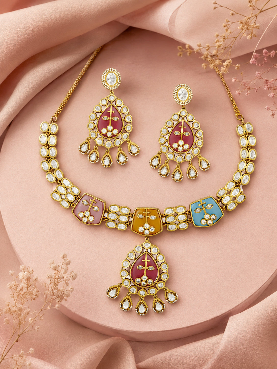 Aanura Green Kundan Pendant Necklace & Earrings Set