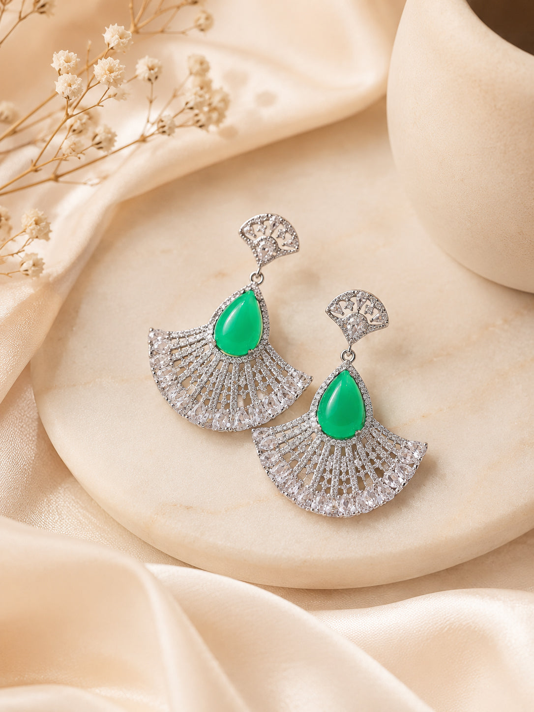 Aanura Silver Green Teardrop Fan Statement Earrings