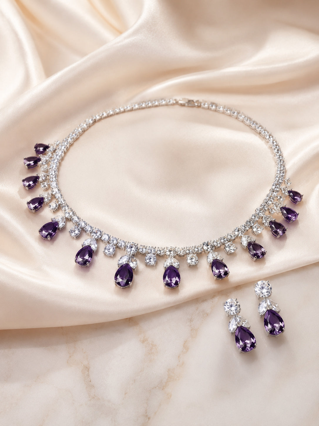Aanura Purple Teardrop Crystal Necklace Set with Earrings