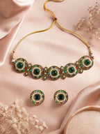 Aanura Navratna Choker Necklace with Green Center Stones