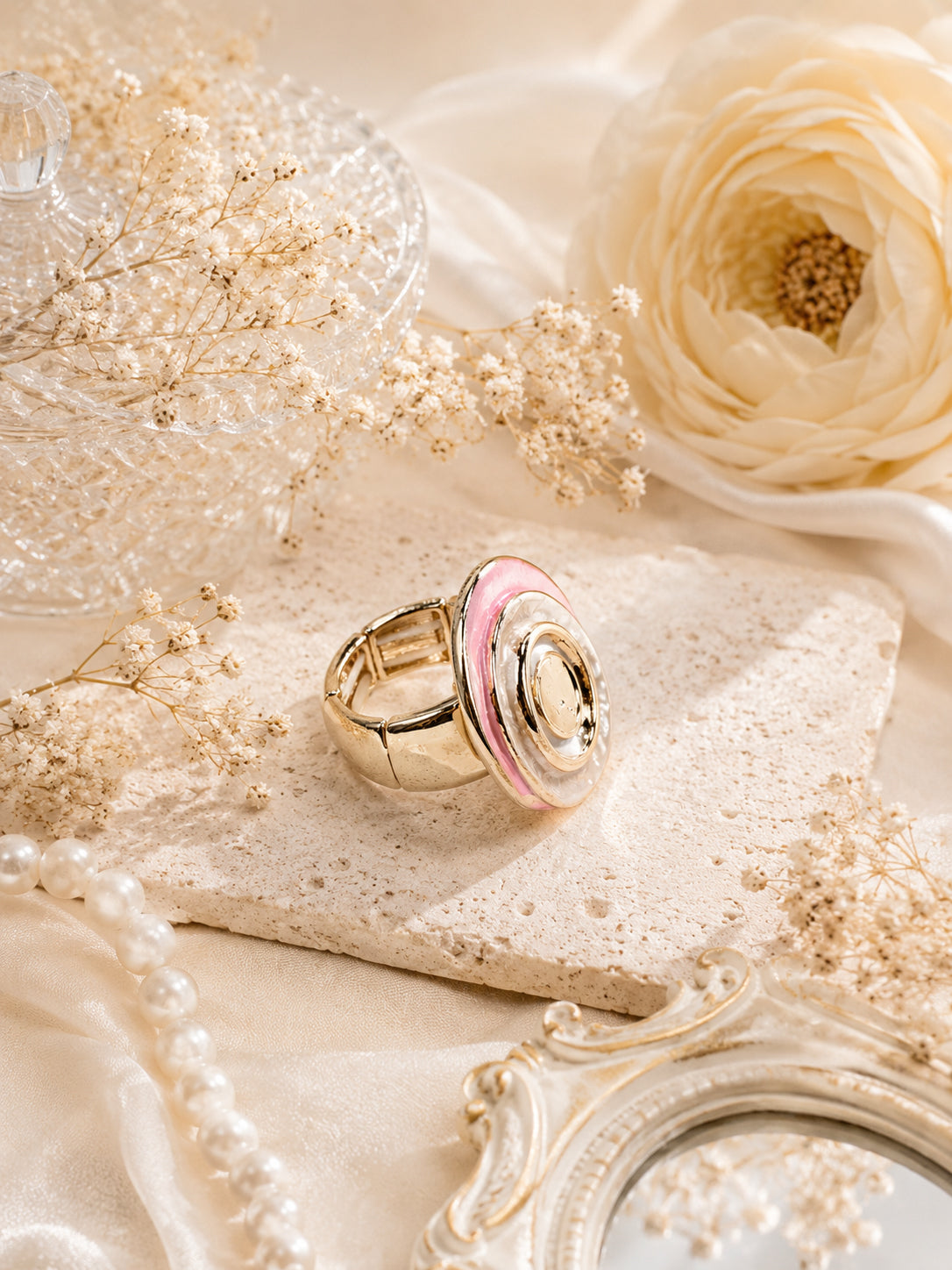 18K Gold-Plated Pink & White Enamel Ring – Anti-Tarnish & Waterproof