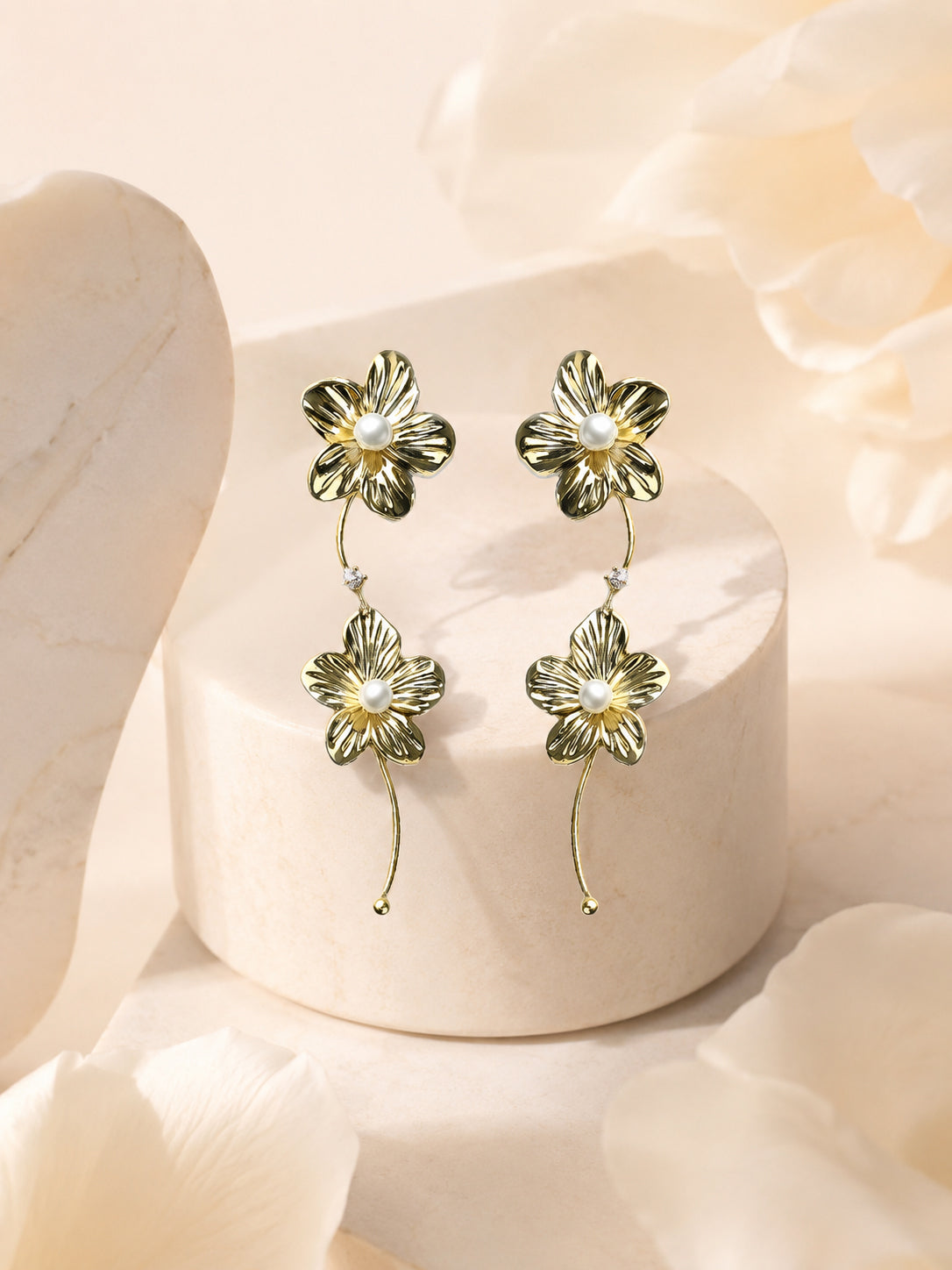 Aanura Pearl Center Floral Long Drop Earrings