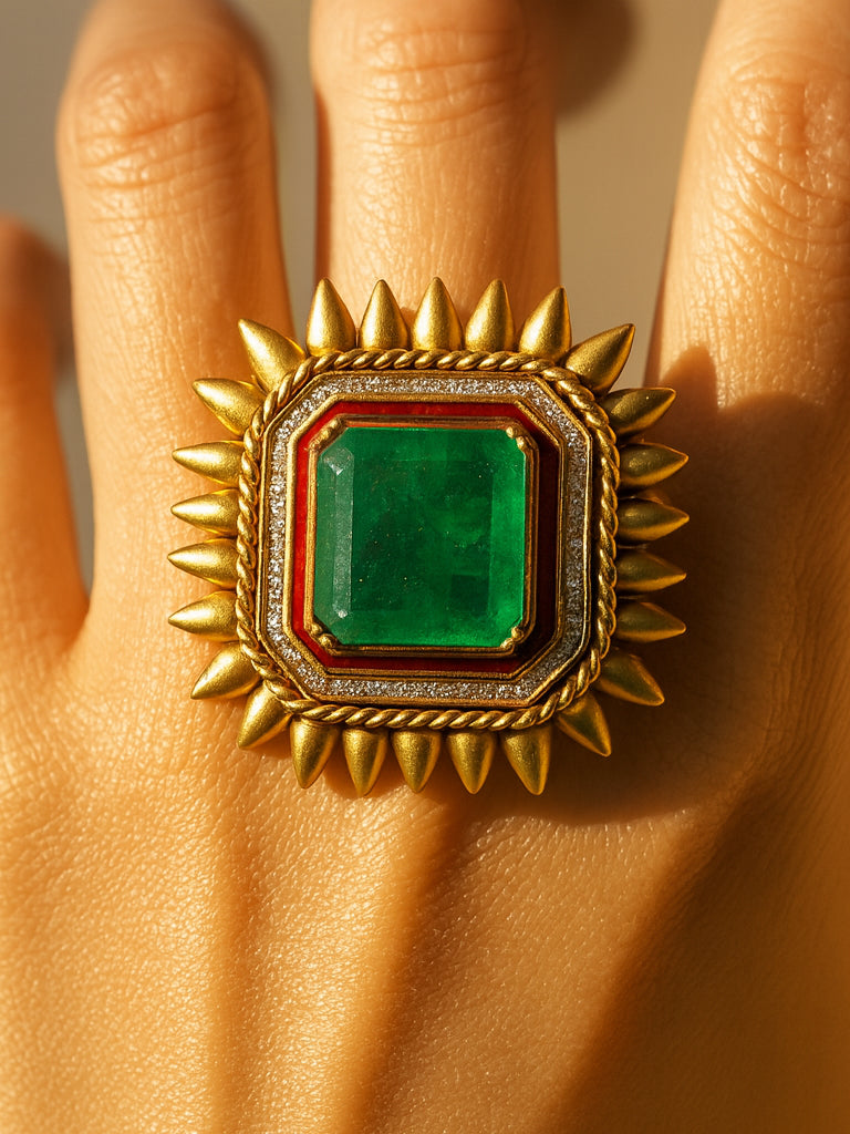 Aanura Gold-Plated Square Green Stone Statement Ring