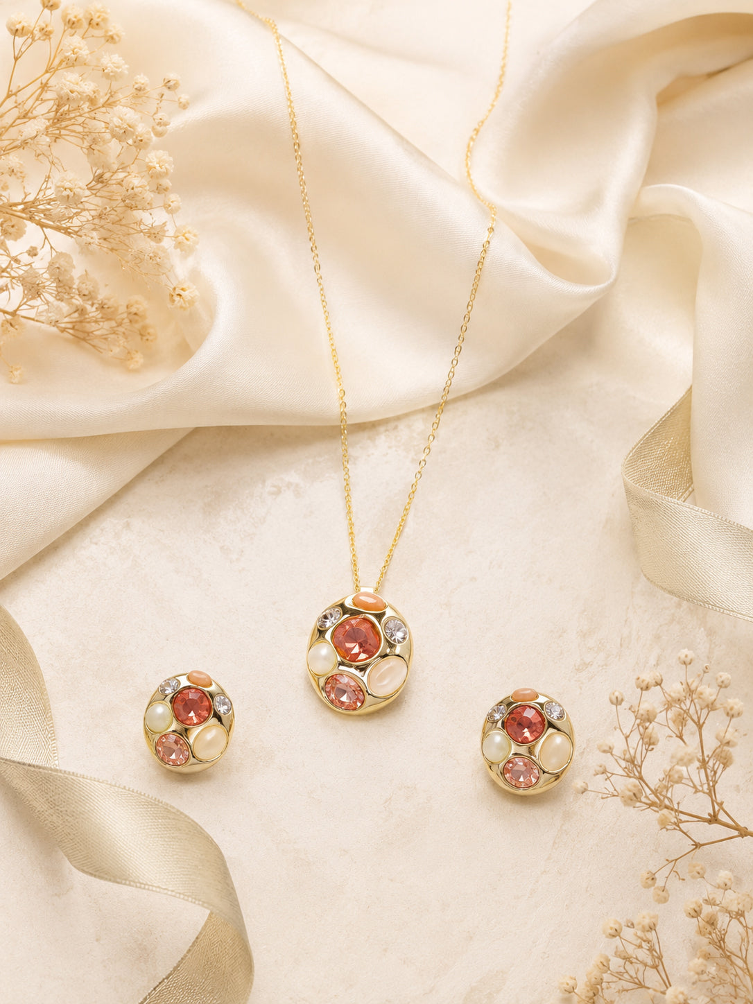 Aanura Peach Cluster Necklace & Earrings Set