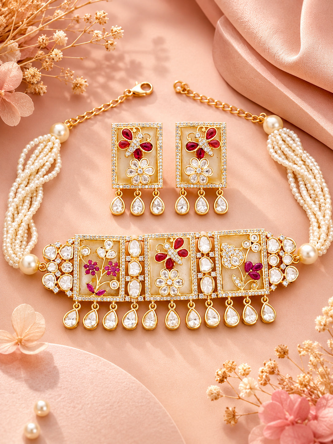 Aanura Floral Panel Choker Necklace Set