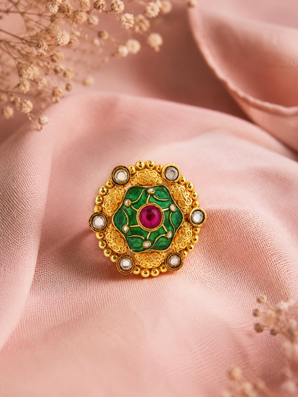 Aanura Gold-Plated Round Ruby & Green Floral Ring
