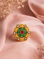 Aanura Gold-Plated Round Ruby & Green Floral Ring