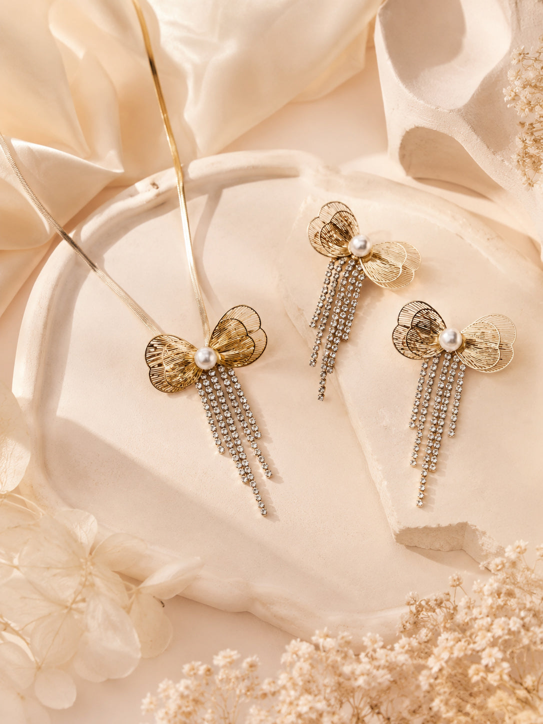 Aanura Golden Pearl Bow Necklace & Earrings Set