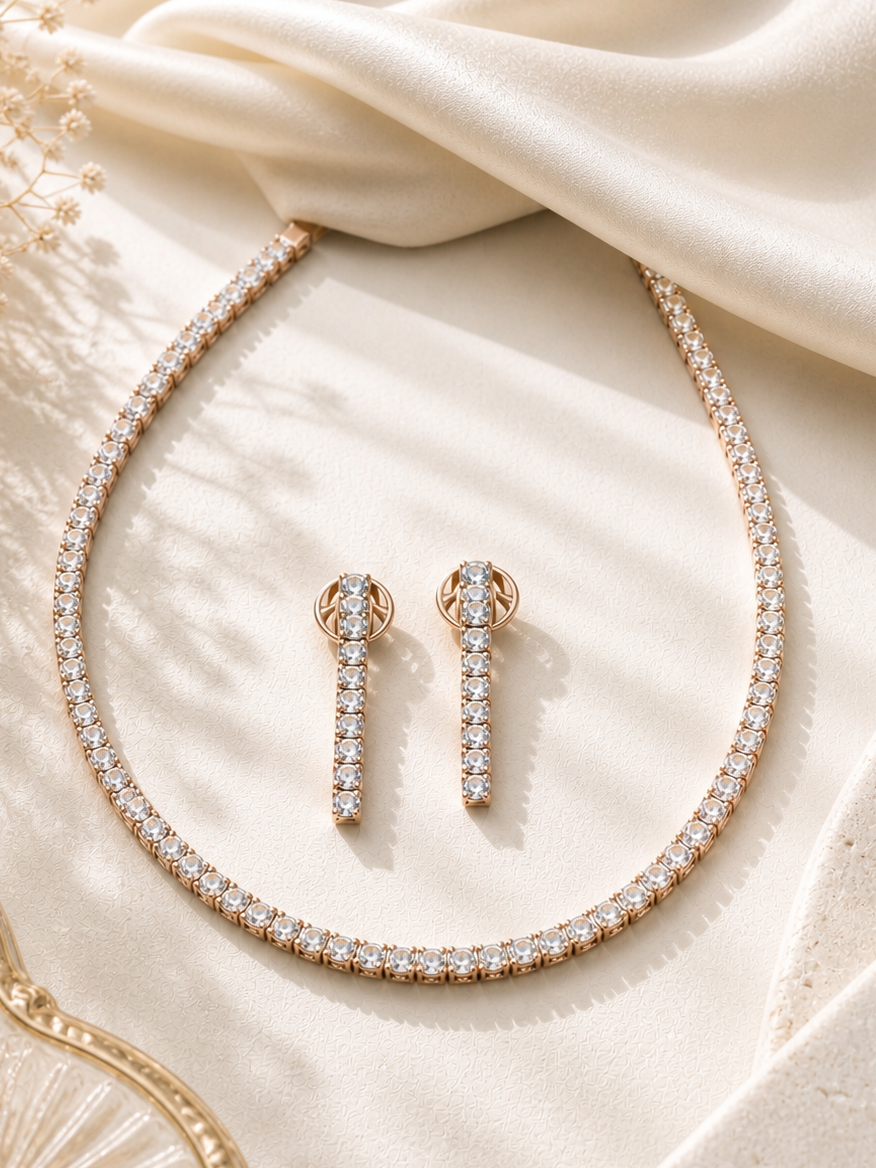 Aanura Diamond Tennis Necklace Set with Drop Earrings