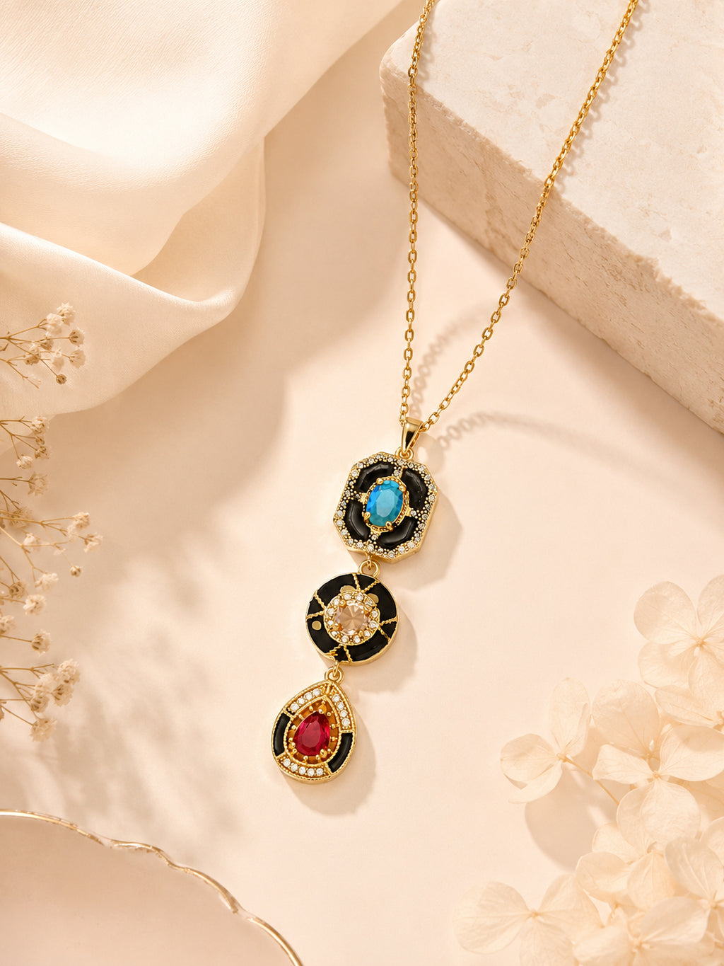 18K Gold Plated Black Accent Tri-Stone Drop Necklace