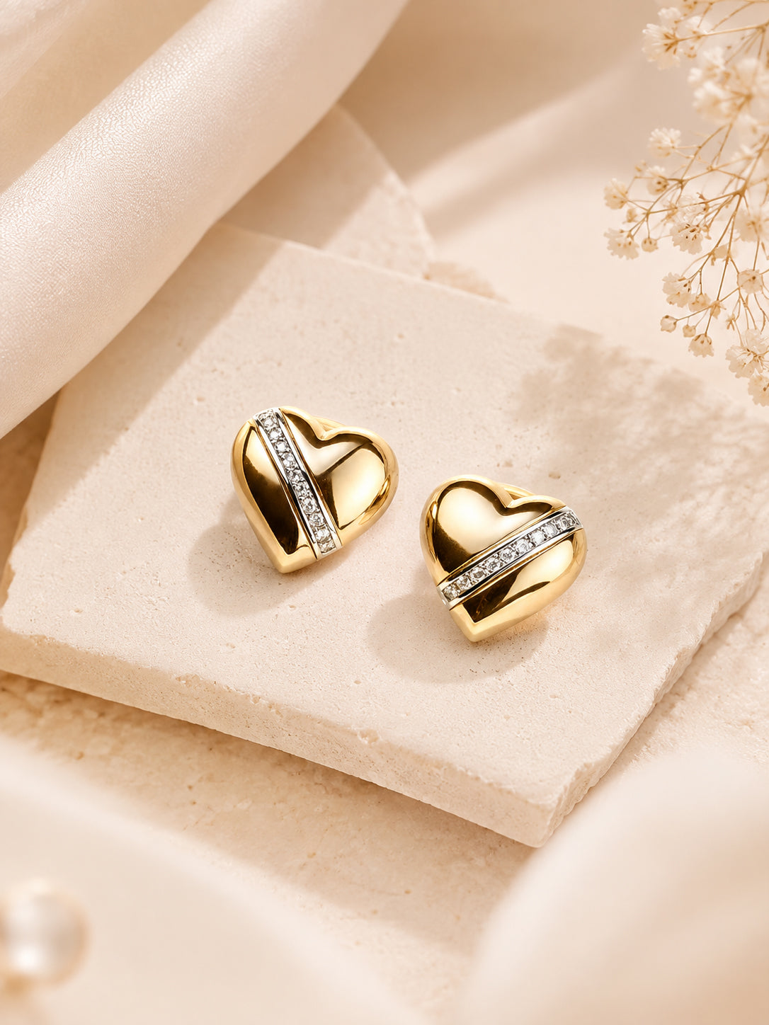 Aanura Golden Heart Crystal Stud Earrings
